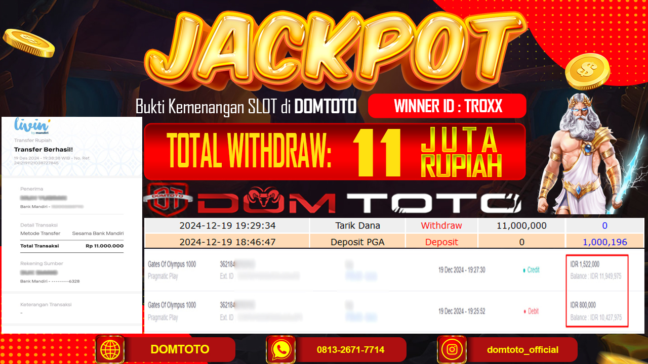 JACKPOT Gates Of Olympus 1000 19 DESEMBER 2024